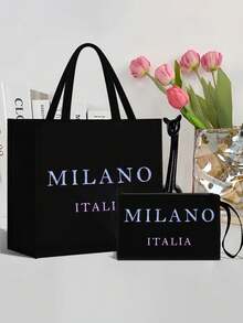 亚麻手提袋套装，包含一个印有渐变闪光“意大利米兰”字样的手提袋和一个印花小袋，可定制字母、花朵等图案，适合婚礼、生日、海滩、节日等场合，是送给女性、母亲、教师、朋友、伴娘、学生、返校季、圣诞节、情人节、新年、斋月等节日的完美礼物。 - 彩色 - 查看 7