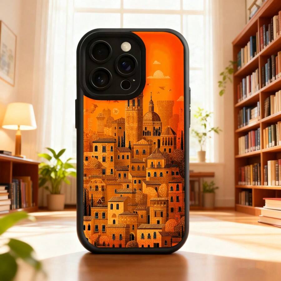 Fundas de teléfono transparentes y modernas,Carcasa para teléfono móvil negra con diseño de ciudad antigua en tonos naranja y marrón ideal para lectores y amantes de la arquitectura histórica Aplicable a teléfonos Apple y Galaxy - Burdeos - Ver 1