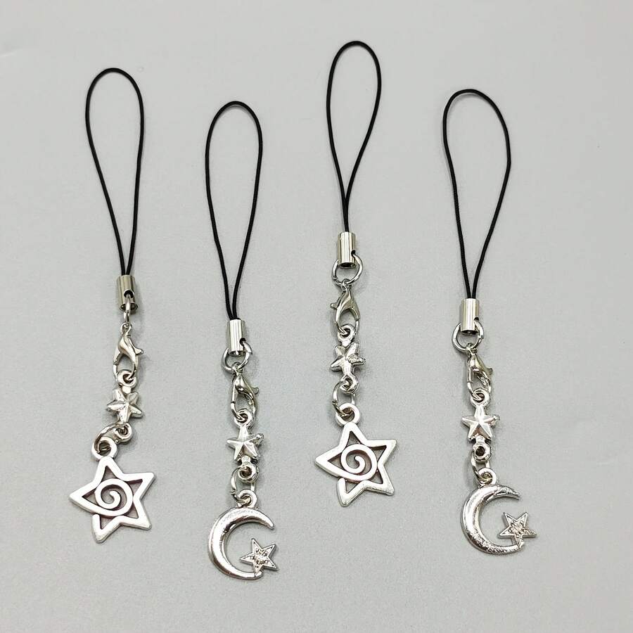 2pcs DIY Hollow Rhinestone Star & Moon Phone Charm Pendant, Korean Style Minimalist Phone Lanyard Charm - Multicolor - View 1