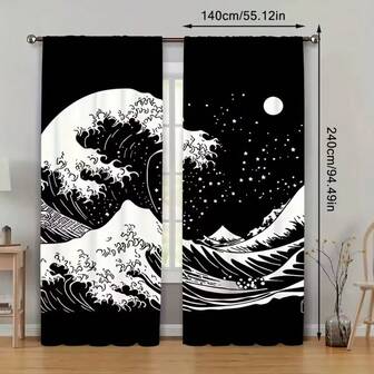 2pcs- Waves Of Kobe Bay Printed Curtains - Pole Bag Curtains, Bedroom Decoration, Living Room Decoration, Kitchen Decoration, Home Decoration, Window Decoration, Christmas Decoration, Halloween Decoration