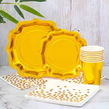 1 Set Gold Square Disposable Plates, Napkins And Cups, Serves 8 Guests, Suitable For Birthday, Wedding, Party, Family Picnic - Multicolor - View 3