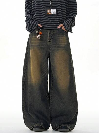 1pc Unisex Casual & Versatile Vintage Washed Loose-Fit Wide-Leg Jeans