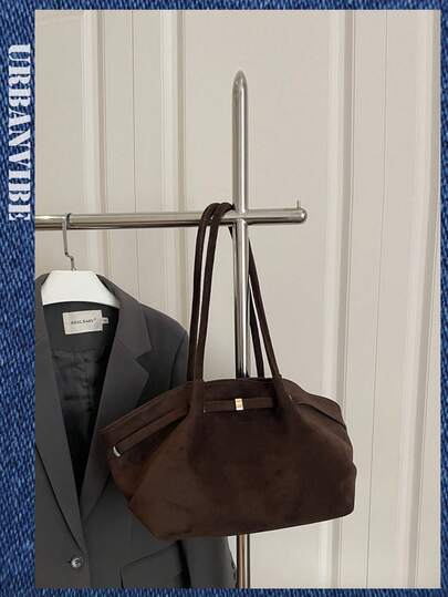 1pc Solid Color Suede Fabric Shoulder Bag For Women, Vintage Fashion Large Capacity Handbag With Dual Handles And Snap Closure, Suitable For Travel, Shopping, Dating, Women's Gift, Suitable For Teen Girls, College Students, And Office Ladies, Great For Office, School, Work, Business, Commuting, Outdoor, Travel, Picnic
