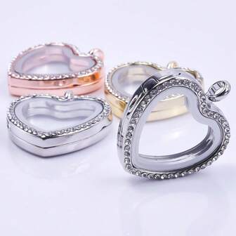 1pc Crystal Heart Locket Magnetic Openable Alloy Heart Pendant Jewelry Making Necklace Keychain Bag Charm Floating DIY Charm Decor Photo Living Lockets Anniversary Date Gift Handmade Craft Supplies