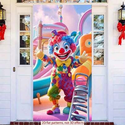 2D Flat Door Flag 1pc Colorful Clown In A Playful Amusement - Park Scene Perfect For Birthday Parties, Photo Booths, And Themed Events, Carnival-Themed Party Decorations, Carnival Decorations. Durable Polyester, No Electricity Required
