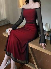 Vuslat 女士时尚纯色露肩修身喇叭袖长款连衣裙，优雅露肩网纱派对礼服，适合生日、情人节、毕业舞会、派对、夏季、春季、嘉年华、婚礼宾客等场合，优雅休闲，适合各种婚礼及活动，包括婚礼礼服、婚礼宾客礼服、奢华晚礼服和正式场合。 - 黑色 - 查看 6