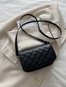 1pc Black PU Elegant Minimalist Diamond Quilted Sophisticated Hardware Flap Crossbody Saddle Bag, Suitable For Women's Work, Daily Life, Commuting, Social Gatherings, Business, Shopping, Fits Phone, Wallet, Lipstick, Keys, Tissue, Pouch, Fashionable Accessory - Black - View 10