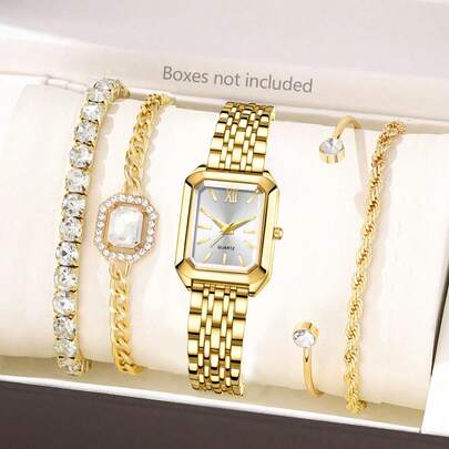 JasonRolls 5pcs/Set Women's Watch, Luxury Gold-Tone Stainless Steel Band Watch, Alloy Material, Alloy Strap Set, Daily Wear, Watch & Bracelet Set, Gift For Women