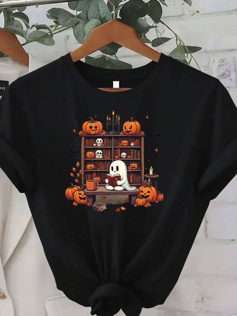 Camiseta de Halloween para Mujer - Diseño Adorable de Lectura en Biblioteca con Calabazas y Libros - Suave, Transpirable, Ligera, Corte Relajado, Manga Corta, Cuello Redondo - Regalo Espeluznante para Amantes de los Libros en Fiesta de Halloween, Top Casual de Otoño Cómodo con Estampado Gráfico Caprichoso, Ropa Casual Cómoda para Todo el Año, Manga Corta para Evento de Halloween para Mujeres, Ropa Festiva