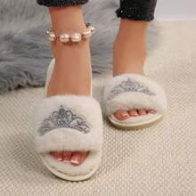 秋冬加厚仿毛皮带室内拖鞋，时尚防滑奢华家居拖鞋 - 米白色多環水晶皇冠 - 查看 10