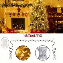 Serie de luces 100 Led Cortina Con 8 Modos Serie De Luces De 10mts, luces de alambre de cobre parpadeantes, adecuadas para decoración de jardín de dormitorio, decoración navideña - Amarillo - Ver 10