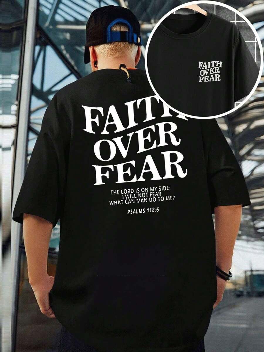 T-shirt de printemps << La foi chrétienne plutôt que la peur ». Coton doux, coupe ample, respirant, style hip-hop urbain, imprimé original, impression re cto VE RSO. - Noir - Voir 1
