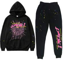 Y2K Hip-Hop Spier 55554 Letter Spider Web Star Print Couple Sweatshirt Men And Women Hoodie Sweatshirt Set - Y黑色紫網白sp5der - 查看 9