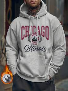 ONE WAVE 男士连帽衫，新款秋冬街头学院风字母印花时尚芝加哥伊利诺伊州图案抓绒套头衫 - 灰色 - 查看 1