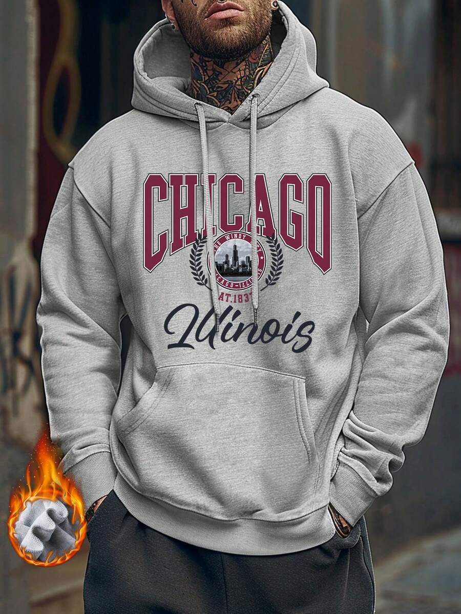 ONE WAVE 男士连帽衫，新款秋冬街头学院风字母印花时尚芝加哥伊利诺伊州图案抓绒套头衫 - 灰色 - 查看 1