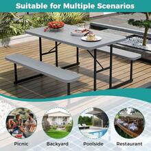 Picnic Table Bench Set For 24 People Outdoor Rectangular Camping Dining Table And 2 Benches W Umbrella Hole AllWeather HDPE Tabletop HeavyDuty Metal Frame Grey+Black