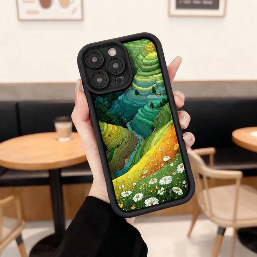 Cubierta de teléfono con diseño de paisaje natural verde y amarillo con flores silvestres para iPhone 14 Pro Max funda protectora estilo arte moderno para uso diario en cafeterías y exteriores Aplicable a los teléfonos de la serie Apple y Galaxy - Blanco - Ver 1