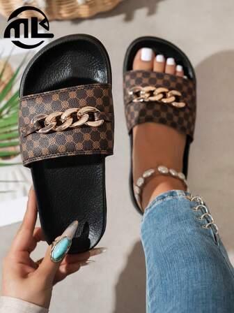 Fashionable Soft & Comfortable Slippers, Casual Chain Decor Slides For Women, Suitable For Indoor & Outdoor Walking