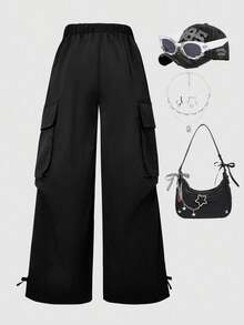 Tween Girls' Black Cargo Pocket Loose Wide Leg Pants