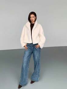 女士奢华黑色仿皮草外套，常规版型，长袖立领夹克 - 白色 - 查看 11