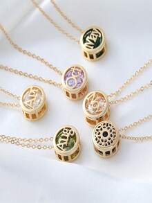 1件畅销双面镂空12个月项链，百搭诞生石项链，镶嵌锆石吊坠，锁骨链，女士礼物，优雅月度礼物 - 彩色 - 查看 3