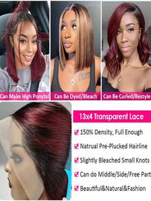 渐变色 99J 酒红色波波头假发，真人发丝，13x4 蕾丝前额假发，短直波波头真人发假发，专为设计，预先拔毛，150% 密度，颜色 1B/99J，16 英寸