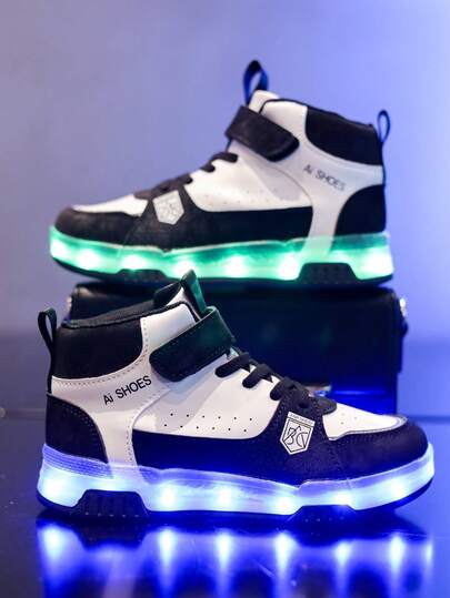 GUANGLAN USB Rechargeable Light Up High Top Sneakers, Spring/Autumn, For Boys, Girls, Kids, Children, Toddlers, Infants, Colorful Luminous Running Shoes With Flashing Lights