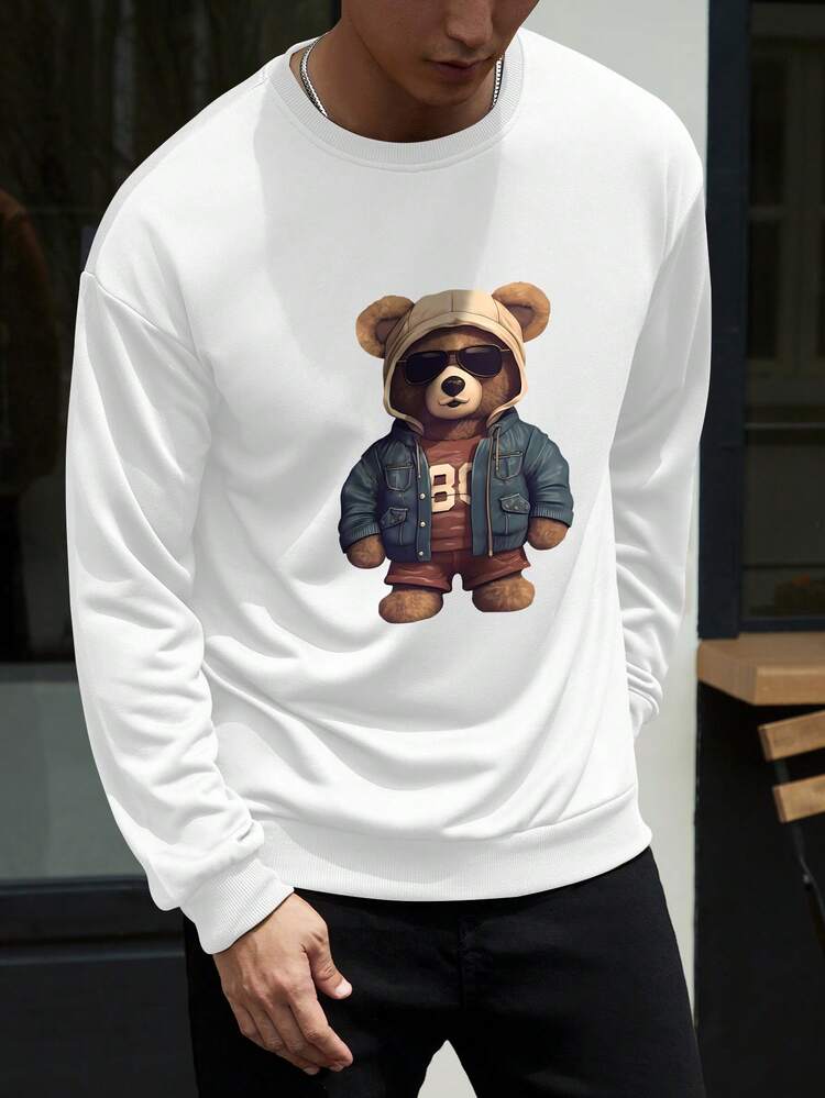 Men's Fashion Creative Bear Print Graphic Loose Fit Casual Pullover Sweatshirt, Versatile For Sports, Commute And Daily Wear, Fall - White - View 1