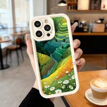Cubierta de teléfono con diseño de paisaje natural verde y amarillo con flores silvestres para iPhone 14 Pro Max funda protectora estilo arte moderno para uso diario en cafeterías y exteriores Aplicable a los teléfonos de la serie Apple y Galaxy - Blanco - Ver 7