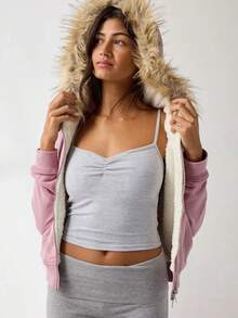 Y2k Zip Up Hoodie Fur Hooded Jacket Graphic Hoodie Grunge 2000s Clothing For Women Crop Winter Coats Streetwear - 粉色 - 查看 2