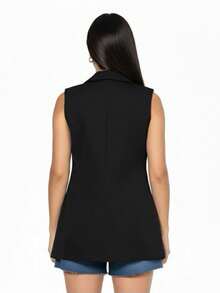 Colete Femini Moda Com Bolso Falso  Simples    Bolso    Praia  Férias  Escritório - Preto - Visão 5