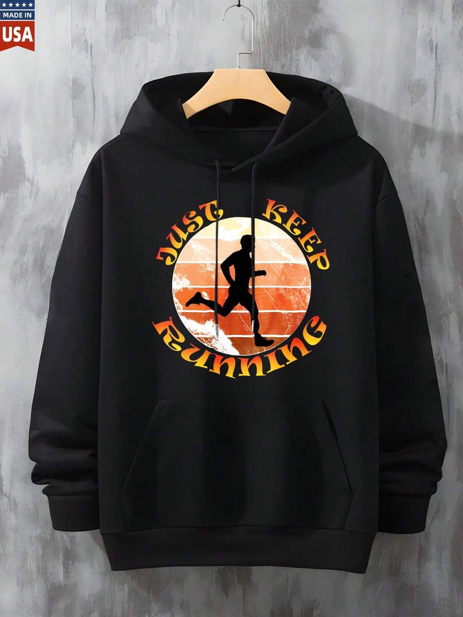 Graphic Print Running Man Silhouette Hoodie Men Regular Fit Cotton Casual Streetwear Style Sweatshirt Daily Wear All Seasons - 黑色 - 查看 1