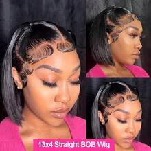 KGIFH Bob Wig 13x4 Lace Front Wigs Human Hair Straight 250 Density Burgundy 99J Human Hair Wig Highlight Ombre 13x4 HD Lace Frontal Wigs For Women Brazilian Human Hair Straight Bob Wigs 13x4 Transparent Lace Frontal Wigs Glueless With Baby Hair - Natural Black - View 5