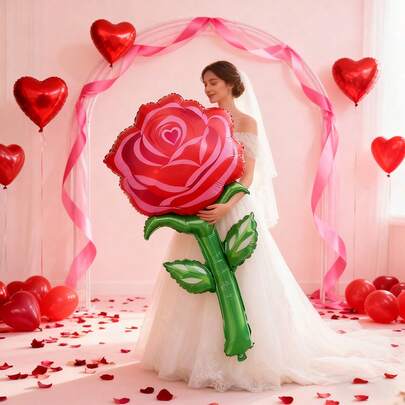 1个134厘米大玫瑰铝箔气球，红绿配色，适用于情人节装饰、婚礼场地布置、周年纪念、情人节派对、订婚装饰、婚礼道具，无需用电