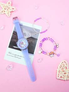 3 pezzi Set orologio e braccialetti con unicorno in quarzo per ragazze - Stile dolce e carino con luce notturna a LED, cinturino in silicone morbido, orologio con pony arcobaleno + 2 braccialetti con perline a forma di unicorno, regalo per compleanni, Natale e rientro a scuola per bambine di età 3-14 anni (Viola)