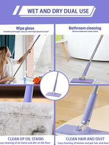 1pc Extended Mop With (10pcs Compressed Cleaning Cloth), Clip On Mop, Lazy Mop, Face Towel Mop, Replaceable Cloth Mini Mop, 360 ° Rotating Head Push-Pull Handle Design, Suitable For Hard Floors And Marble, Glass, Ceramic Tiles - 紫色 - 查看 4