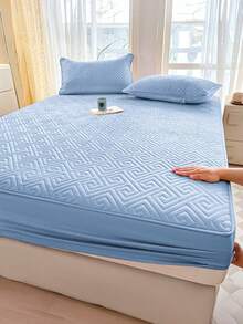 1pc Waterproof Fitted Sheet, Bedding, Bed Sheets, Plaid Fitted Sheet, Skin-Friendly Mattress Cover, Soft And Comfortable Bedding For Bedroom, Fall Decor, Halloween Decor, Room Decor, 11.8 Inch Deep Pocket Cooling Breathable Quilted Square Lattice Fitted Sheet For All Seasons, For Single, Twin, Full, Queen And King Size, Solid Color Mattress Protective Cover, Dustproof, Comfortable And Machine Washable, Halloween Gift, For All Season - 藍色 - 查看 9