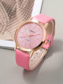 LIANDU مجموعة ساعة نسائية - ساعة بقرص وردي لامع، مجموعة مجوهرات بشكل قلب (سوار، قلادة، أقراط، خاتم)، حركة كوارتز، هدية رومانسية للمرأة