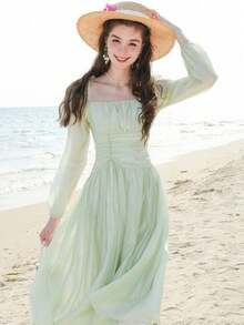 xhexheVestido de manga larga con cuello cuadrado, busto fruncido y unicolor elegante, para veranoxhexhe - Verde - Ver 7