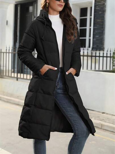 Women's Long Puffer Jacket Winter Warm Quilted Coat Long Sleeve Zip Up Outwear With Hood