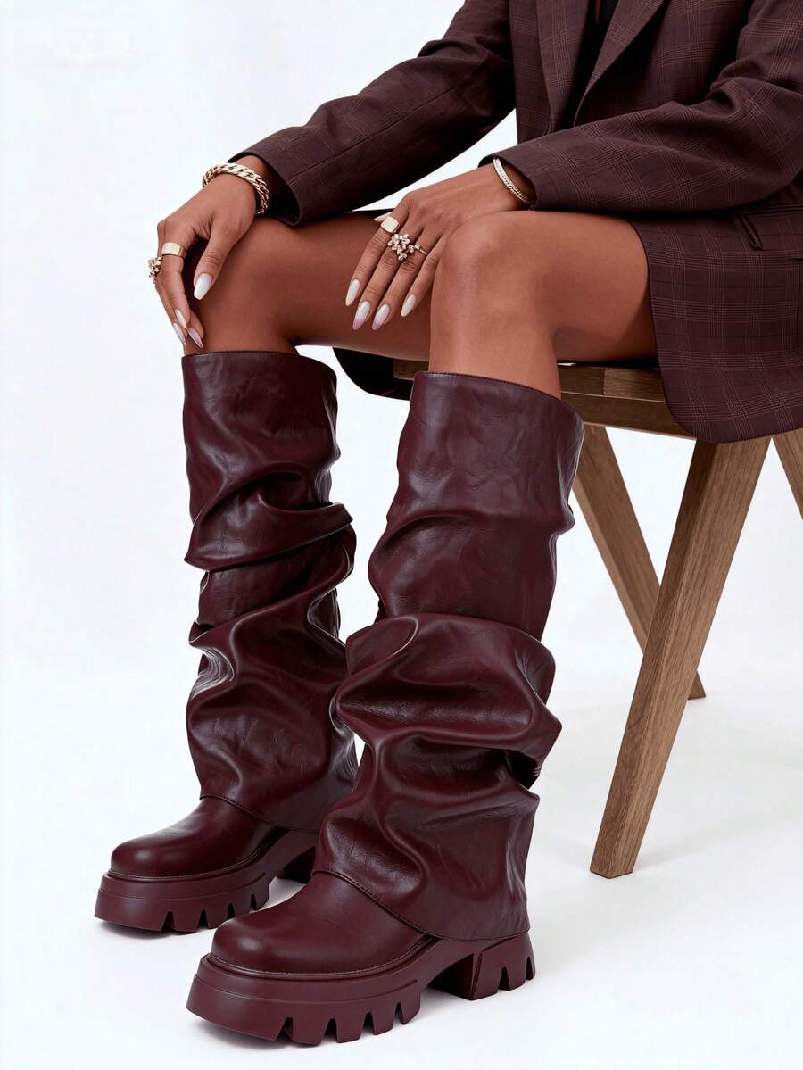 Women's Metal Platform Shark Boots Foldable Thick Knee High Shoes Motorcycle Nightclub Cosplay Winter Fall Boots - 酒紅色 - 查看 1