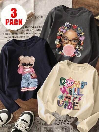 3pcs Tween Girls Printed Long Sleeve T-Shirts, Suitable For Tween GirlsAutumn/Winter Tops, Young Student Apparel, Suitable For Layering Or Standalone Wear