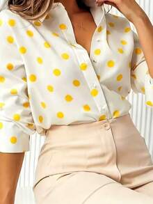 1pc Polka Dot Allover Print Contrast Color Polyester Front Button Shirt, Casual Wear For Spring & Autumn - Yellow - View 4