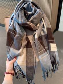 1pc Women's Faux Cashmere Plaid Tassel Scarf, Chic Autumn/Winter Shawl For Warmth, Fashion Neck Wrap For Daily Use - Màu xanh lam - Xem 3