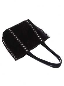 Women's Black Suede Rivet Tote Bag, Fashion Mother-Child Bag, Retro Shoulder Underarm Bag, Fashionable Shoulder Bag For Daily Commute And Travel - Black - View 8