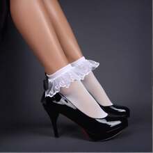 1 双女士性感白色天鹅绒 100D 蕾丝边短袜配黑色和红色蝴蝶结 - 黑與白 - 查看 2