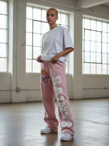 Saints Brand New Elastic Waist Design Relaxed Casual Style Pink Floor-Length Sports Pants With Embroidered Patch Pattern - Hồng - Xem 4