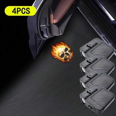 4-Piece/Set Flame Skull Car Door Welcome LED Projector - Battery Powered, Easy To Install, Decorative 3D Flame Skull Door Sign Light - Birthday Gift For Family And Friends - Party Gift