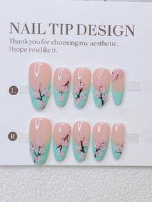 10pcs Y2K Nails Almond-Shaped Press On Nails Set - Handcrafted, Pink Nails, Blue Nails, Blue French Tip Nails, Hand Drawn Green Tea Flower, Green Tea Flowers Nail Art, Pink Little Flowers Element Decoration , Delicate Cute Nails - Perfect For Parties & Casual Attire, - Nhiều màu - Xem 3