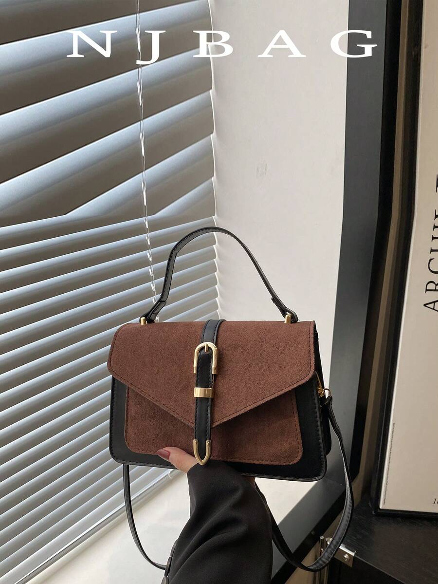 Solid Color Deer Skin Suede Simple Flap Square Bag, Suitable For Students, Campus, Street, Minimalist Fashion Handbag